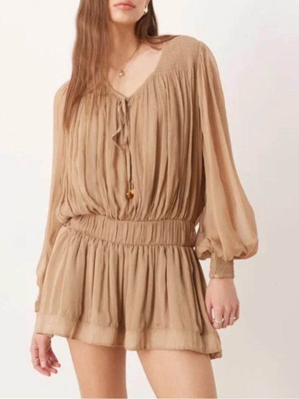 Free People Natural Sunbeam Long Sleeve Mini Dress in Tannin - Picture 7 of 10